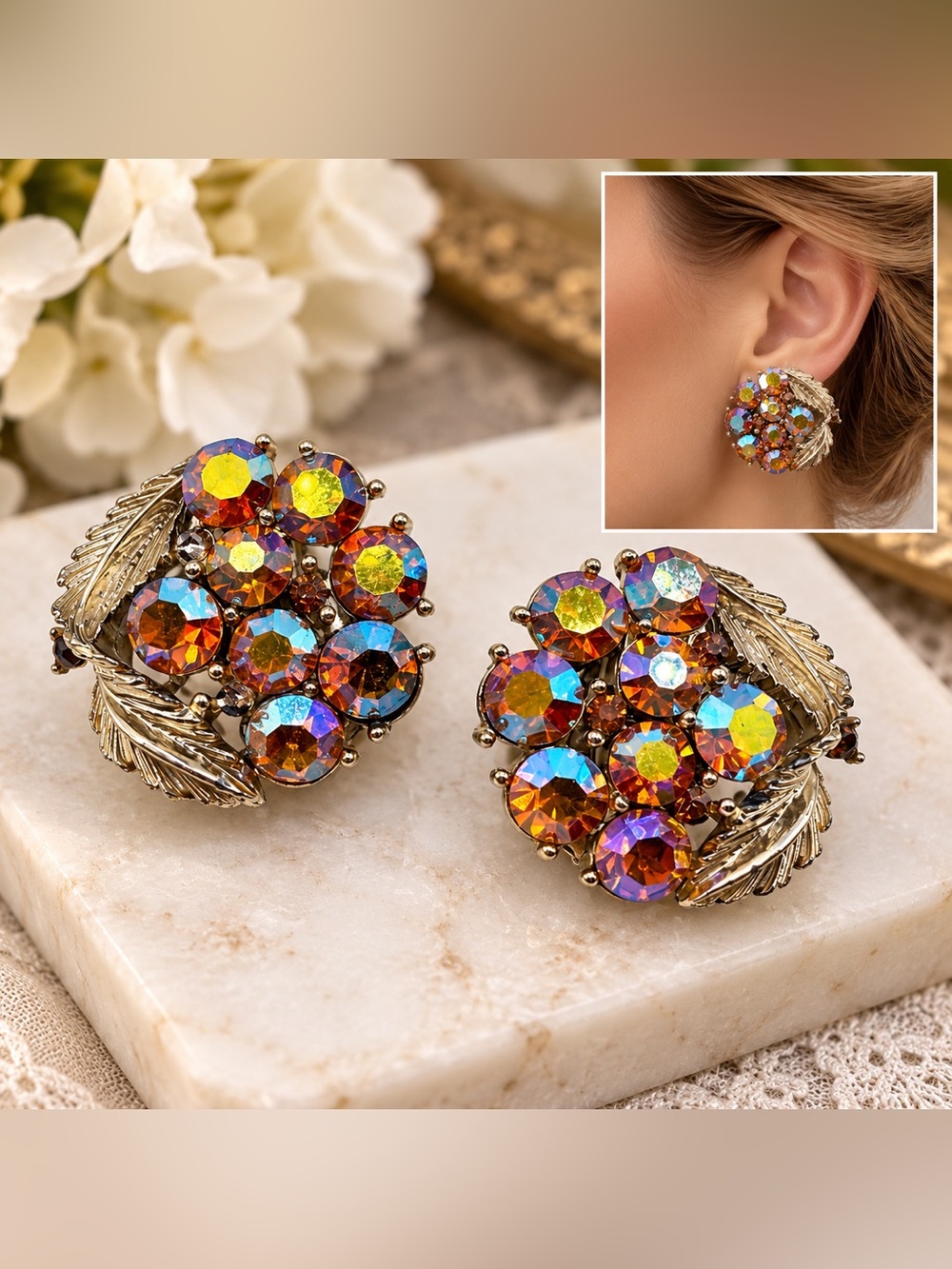 Vintage LISNER Aurora Borealis Rhinestone Clip-On Earrings Leaf Statement